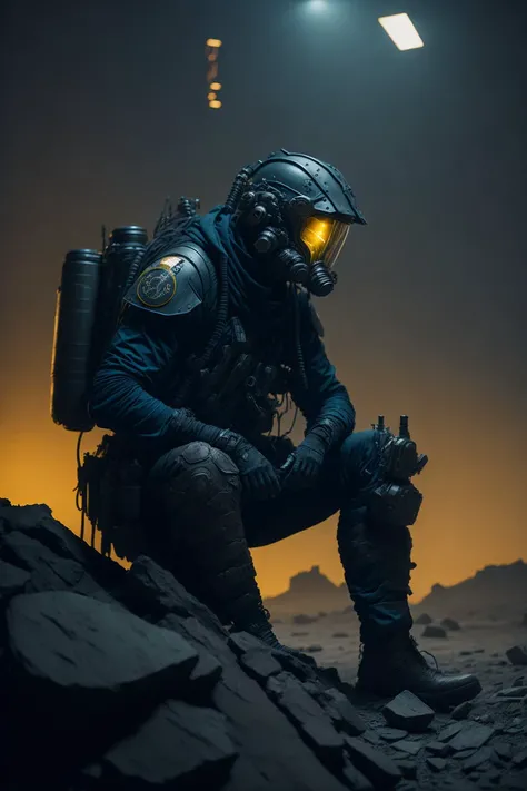 fallout new vegas, a man with sitting on the rock, destratic buildings, (face mask:0.1), (breathing tube:0.5), headphone, german ww2 helmet, full body, polluted wasteland, foggy, volumatric lighting, neon light, CinemaHelper, lens effects, glare, bloom,