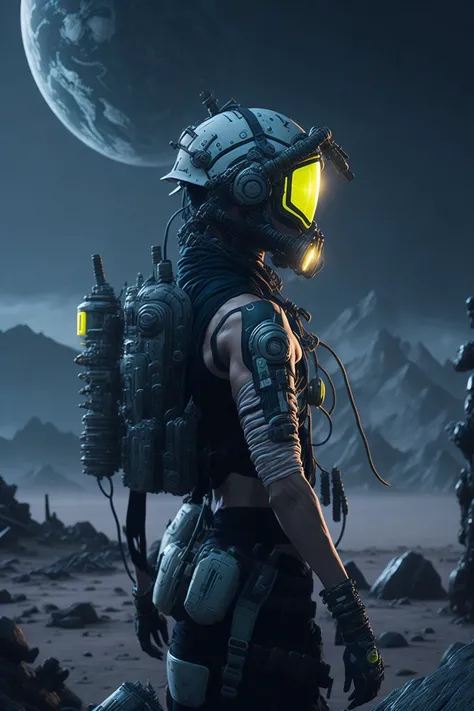 apex legend, face mask:0.1, breathing tube:0.5, headphone, lunar helmet, full body, in country side, villiage, polluted, foggy, volumatric lighting, VintageHelper, lens effects, glare, bloom,