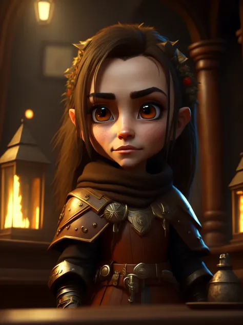 an cute character warrior, leather clothes, (shy miniature), e smarl, chibi, 1girl, solo, beautiful eyes, (Rim light), disney artwork, unreal engine, cozy indoor lighting, fantasy, artstation, detailed, digital painting,cinematic,character design by mark ryden and pixar and hayao miyazaki, unreal 5, daz, hyperrealistic, octane render, in a medieval tavern