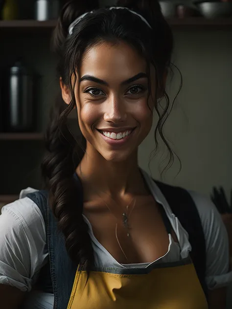 a closeup portrait of a playful maid, (girl), ponytail hair, ((latin)), 20 years old, apron, natural skin, pronounced feminine feature, ((busty)), kitchen, flirting with camera