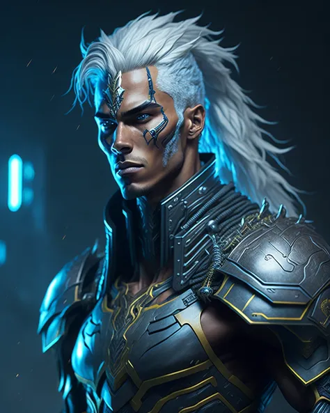 a wonderfull picture of khazin, a strong, muscular and determinated young man with long white hair , from a misterious planet, a futuristic image that shows the possibilities of ai, a cybernetic man part of her head made of machinery and computer components, three quarters view, blue neon city background, bright environment, extremelly detailed, intrincated armour and clothing, epic dynamic scene, vignette, mdjrny-v4 style