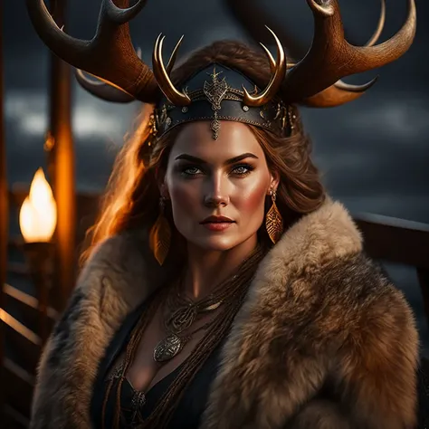 masterpiece photo of beautiful viking woman, on wooden ship at dusk, moody, angry, fur and leather outfit, antler crown,(cleavage:1.1), round face