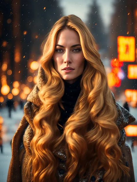 professional portrait photograph of a gorgeous Norwegian girl in winter clothing with long wavy blonde hair, ((sultry flirty look)), freckles, beautiful symmetrical face, cute natural makeup, ((standing outside in snowy city street)), stunning modern urban upscale environment, ultra realistic, concept art, elegant, highly detailed, intricate, sharp focus, depth of field, f/1. 8, 85mm, medium shot, mid shot, (centered image composition), (professionally color graded), ((bright soft diffused light)), volumetric fog, trending on instagram, trending on tumblr, hdr 4k, 8k