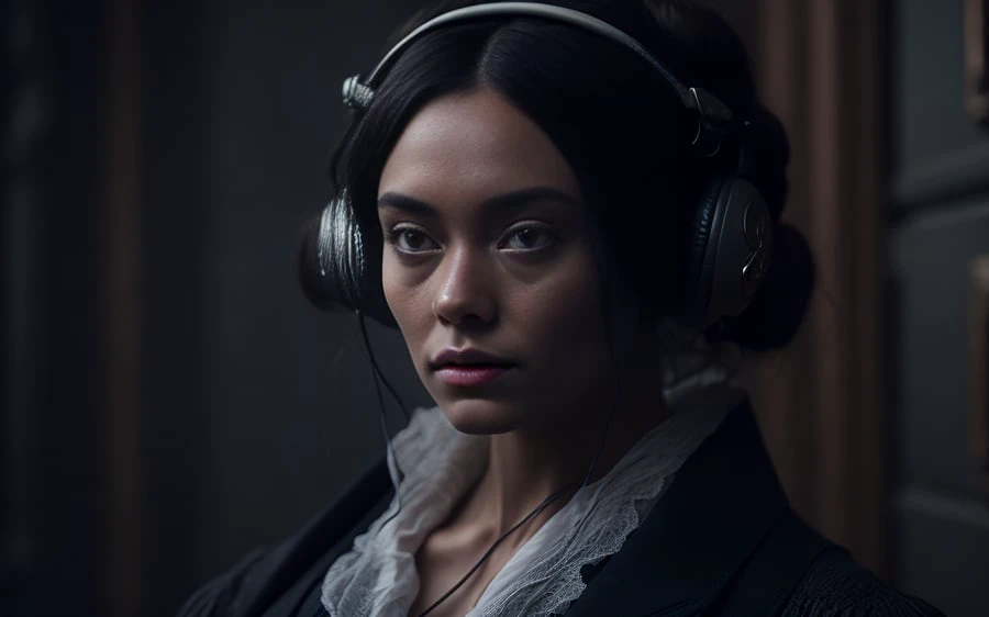 Jane Eyre with headphones, natural skin texture, 24mm, 4k textures, soft cinematic light, adobe lightroom, photolab, hdr, intricate, elegant, highly detailed, sharp focus, ((((cinematic look)))), soothing tones, insane details, intricate details, hyperdetailed, low contrast, soft cinematic light, dim colors, exposure blend, hdr, faded