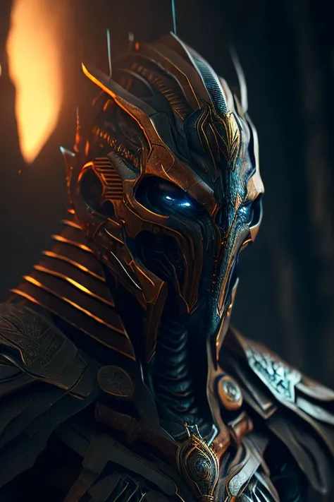 The ancient alien warrior, dark horror futurism, cinematic, fine details, 8k, (dark shot:0.7), Subsurface scattering, (ambient lighting:1.3), (ArtStation:1.3)