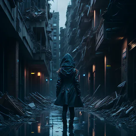 from behind, lost little girl in a dystopian futuristic city street, rubble, raining, cold, matte painting,