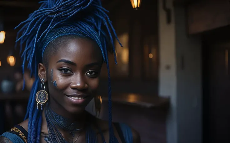 a portrait photo of a black girl, smiling, tattoo, blue dreads, (folk dress:1.3), Ukrainian short dress, pronounced feminine feature, insane details, intricate details, hyperdetailed, complex background, medieval tavern, indoors