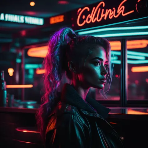 award winning cinematic photo of girl 20yo standing outside a 50s diner, neon signs, neon light, rainbows, shiny, reflective, rtx, disco diffusion, synthwave, bokeh background, reflections, black background, rtx, unreal, octane render, 4k