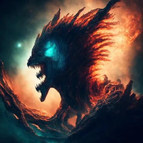 A scary mythical monster with no form, lurking in shadows, evil aura emanating, traveling through time and space, wide galaxy view, detailed setting, orange and teal backlight, starry skies in the distant background, amazing composition