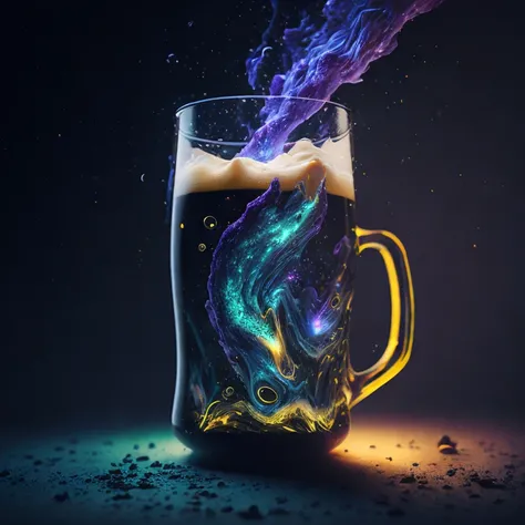 (masterpiece), beer mug floating in space, weightless, (((flying))), colorful nebula background, octane render, hyper realistic, rim light, cinematic lighting, Sharp focus, Bokeh
