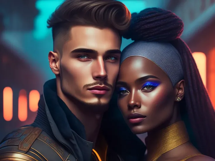 a close up cyberpunk portrait of handsome russian guy and african woman, detailed face, realistic, cinematic, photo, RAW