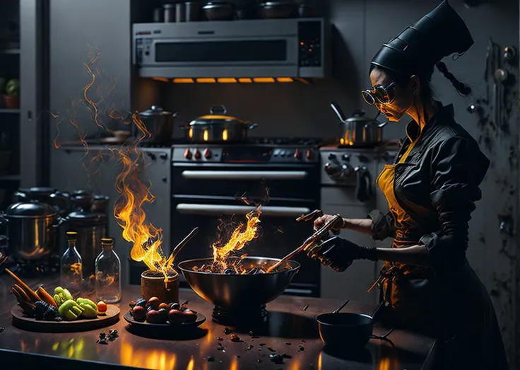 Android looking at cook book, cooking, fire, wok, smoke, futuristic kitchen, appliances, cyberpunk, retro futuristic, meat, vegetables, fruits,