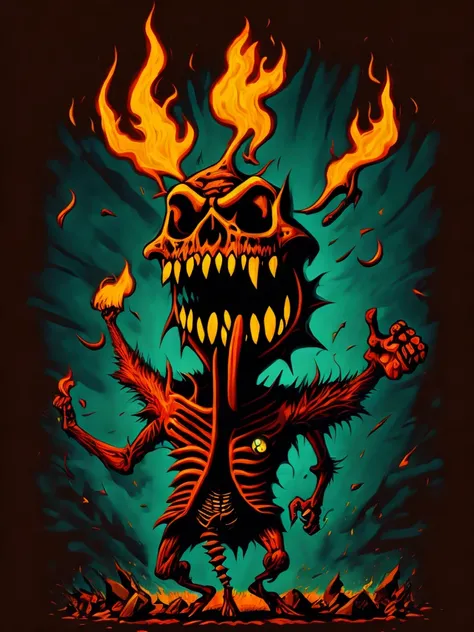 masterpiece, best quality, a screaming man feels his skeleton bursting out of his body, a man burning in a hell, little imps, flames, trippy cartoon style