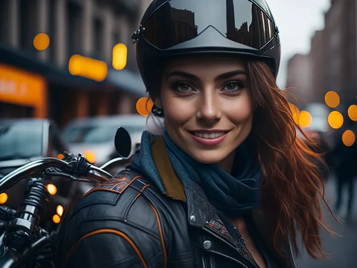 a very detailed photo of a motorcyclist of a European girl, smiling,(biker clothes:1.3), pronounced femininity, flirting with the camera, crazy details, intricate details, ((complex background in the city of the future))