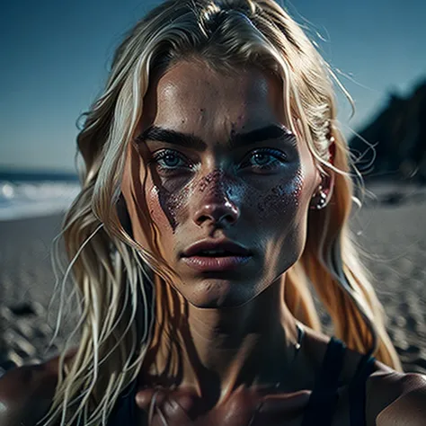 half body photo, young blonde woman, beach, photo realistic, Kodak Ultra Max, 85mm, shot on iphone 7, dslr, high quality, realistic, raw, 4k, analog