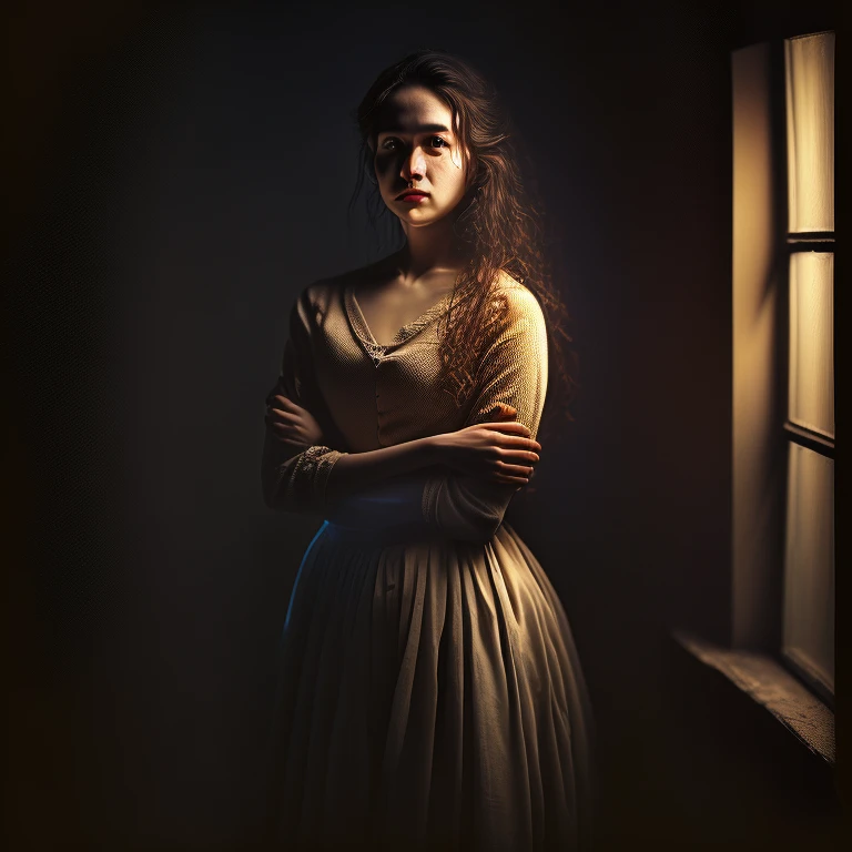 Photo a beautiful young woman, standing, (full body), in skirt, ((hug herself)), in a dark room, window light behind him, (in center of frame), Front Light, portrait, Rembrandt lighting, detailed face, 4k, ((1girl)), 35mm, fullframe, watching on camera, cute face