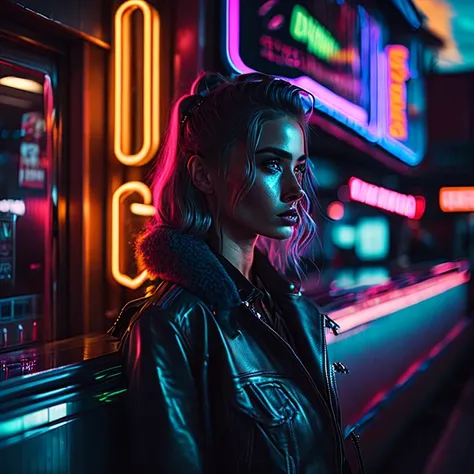 award winning cinematic photo of girl 20yo standing outside a 50s diner, neon signs, neon light, rainbows, shiny, reflective, rtx, disco diffusion, synthwave, bokeh background, reflections, black background, rtx, unreal, octane render, 4k