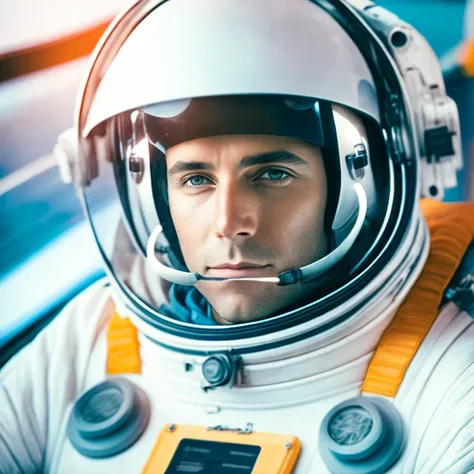 Photo of a man in cockpit, space helmet, space suit, life support system, breathing apparatus, photo realistic, Kodak Ultra Max, 85mm, shot on iphone 7, dslr, high quality, realistic, raw, 4k, analog