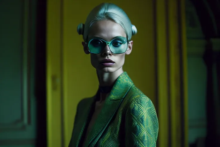 female model, bokeh, cinematic composition, 
 Styling by  Balenciaga, Wes Anderson, Tim Walker & Lina Tesch. Sharp Focus,