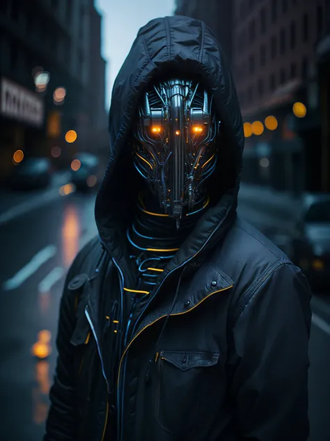 [award winning photo portrait of a afgan girl standing outside a rainy city street:award winning photo of a chrome boston dynamics robot, cables, lights neon:0.31]