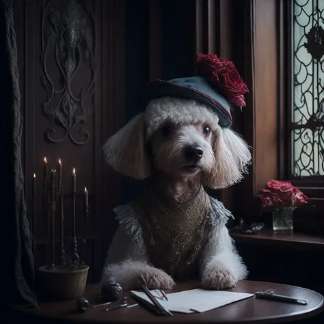 adorable, magic portrait, big eyes, beautiful, cute exhibition, cut white poodle poet in a beret with a feather, in antique clothes with jewelry, writing pen in paw, dreamy look, smiles, sitting at an old wooden table and writing poetry, romance, many beautiful patterns, the background behind the poodle is a beautiful room of the old castle, stained glass windows with roses in the window, the atmosphere of Christmas, beauty, detailing, fairy tale, anime watercolor style, isolated on white background