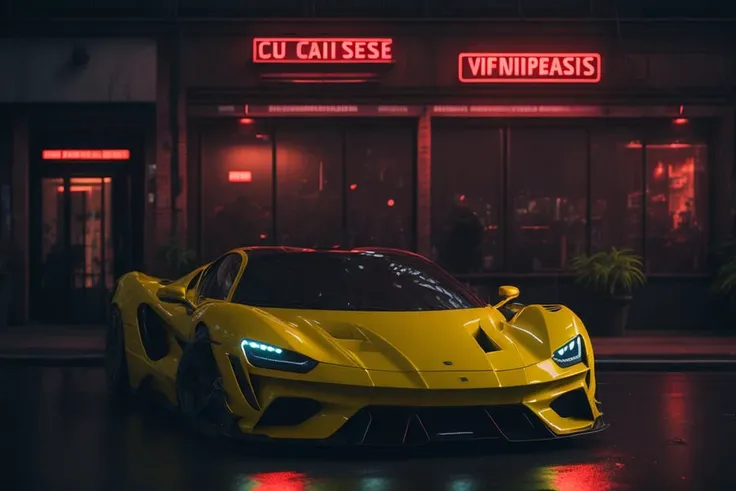 close-up photo of a yellow sports car on the background of a road cafe, red neon signs, peoples, people, cyberpunk, night time, wet weather, pudlles, rtx, 8k, photo lens