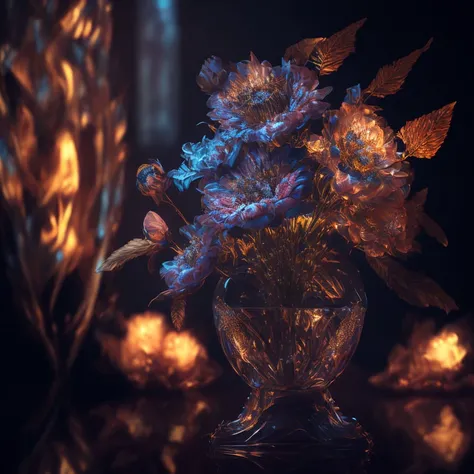 masterpiece, best quality, bouquet of heavenly flowers in a crystal vase, cyberpunk style, (((complex background))), (((intricate details))), ultra details, (((photorealistic))), cinematic, unreal engine 5 rendered, a 3d render lighting, dynamic lighting, (glow with reflections and refractions lighting), ((diamond effect)), flare spots, brighter,
