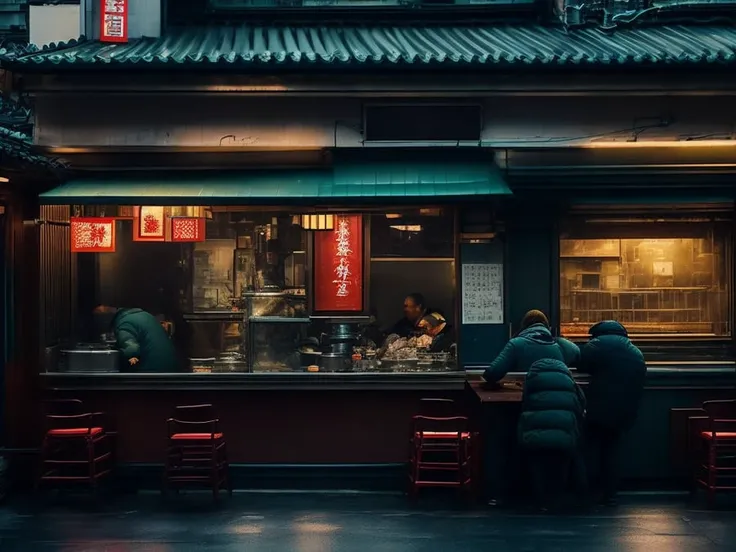A chinese restaurant on a very cold day while it's raining heavily outside on a busy street in tokyo, it can be seen that the chief cooks
mood photo journalism unposed urban photography, ultra detailed, film photography, cold tone, sharp focus, ultra detailed skin, professional color grading, raw photo, cinematography, vibrant details, ultra quality, (photo-realistic:1.37), masterpiece, Canon EOS 5D Mark IV and fujifilm Superia X - TRA 400 film