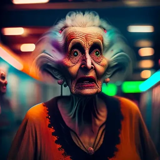 a high quality portrait photo of a creepy old woman poltergeist in line at Costco, voodoo, chicken bones, vibrant colors, dramatic lighting, (photorealistic:1.4), Canon EOS 5D Mark IV, micro, award winning photography, soft bokeh, sharp focus, UHD 4 k, 8k, cinematic lighting, midjourney-style