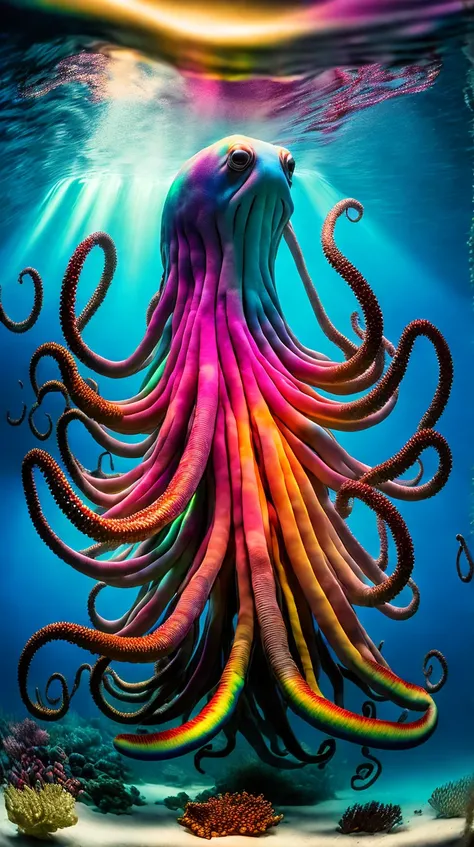 wide shot, octopus, rainbow colors, Ellen Jewitt, underwater, ocean lighting, god rays, ambiance, photoreal, Canon EOS-1D X Mark III, 64K, high quality, highly detailed, professional, award-winning, epic.