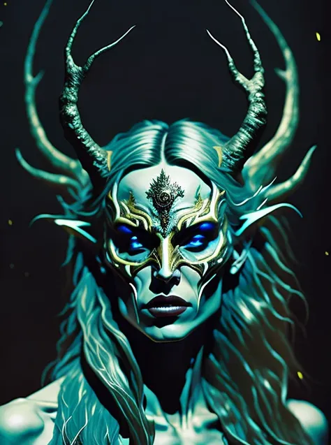 a stern Eldritch ancient god in the storm at night, [[Sophia Anne Caruso]], [Zendaya], translucent ivory masquerade mask of Eldritch horror, erotic pose, closed eyes, cinematic lighting, (by (Daniel Mernagh) (Carne Griffiths) Monika Nowak), highly detailed, detailed face