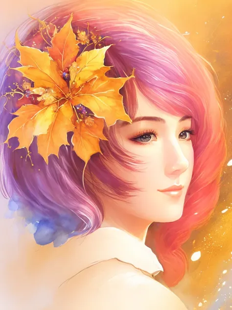 half body portrait of clsst alisabcnv, watercolor style, ethereal, beautiful, heavenly, bright luminous wings, golden leaves, happy, butterflies,