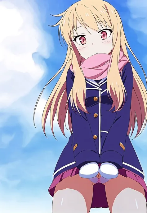 ShiinaMashiro, 1girl, full body, from below, covering crotch, hands on pussy, dark blue coat, purple skirt, pink panties, legs together, embarrassed, blush, cloudy sky, day, horizon, long hair, mittens, outdoors, pink scarf, bangs, surprised, scarf, skirt, sky, solo, blue sky, cloud,  <hypernet:Sayori (NekoWorks)[NAI] V1:0.65>