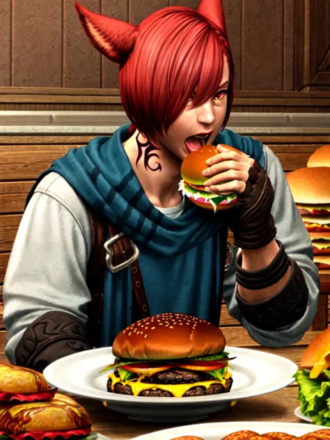 <lora:Copy of last:.6>, (masterpiece), Graha,1boy, male focus, solo,red eyes, holding food, animal ears, food, tattoo, miqo'te, neck tattoo, cat ears, red hair, open mouth, indoors, short hair, holding, burger, hair over one eye, bangs, eating, upper body, facial mark, letterboxed, cat boy, slit pupils, fingerless gloves, gloves,guweiz wlop, rim lighting, extremely detailed