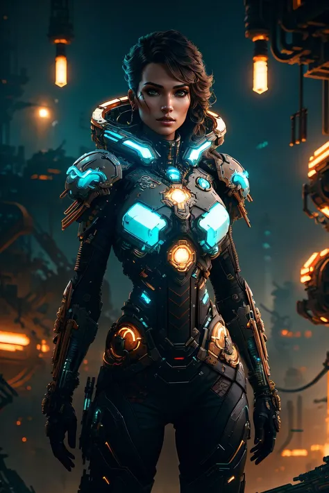 a beautiful woman cyborg warrior in the Style-RustMagic, cyberpunk augmentation, cyberware, cyborg, carbon fiber, chrome, implants, metal skull, bloody, cyber plate armor,( dark atmosphere:1.2), (dark night:1.3), scars, (dark short disheveled hair:1.1), (black eyeshadow:1.1), (beautifully detailed glow:1.1), detailed, Cinematic light, intricate detail, highres, rounded eyes, detailed facial features, high detail, sharp focus, smooth, aesthetic, extremely detailed, insanely detailed and intricate dark industrial factory background, slim body, stylish pose,