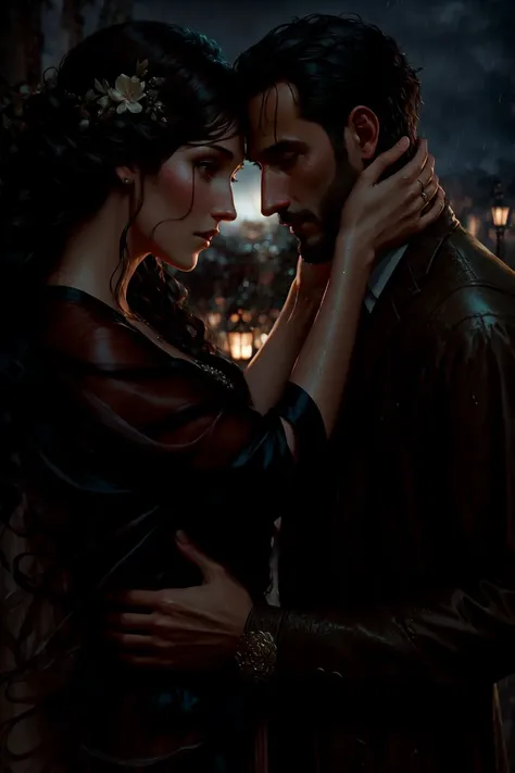 Style-FaeMagic3, (deep shadow:1.2), dark black, night, (masterpiece:1.1), high quality photo of a man and a wife embracing in the rain at (night:1.2), (up close:1.1)( high quality:1.1), gazing into each other's eyes, (romantic:1.1), (wet clothes:1.1), wet skin, (soaked:1.1), freedom, romance, by lee jeffries nikon d850 film stock photograph 4 kodak portra 400 camera f1.6 lens rich colors hyper realistic lifelike texture dramatic lighting unreal engine trending on artstation cinestill 800, deeply in love, embracing, long hair, evelynnobodysd15, John Constable, Ed Blinkey, Atey Ghailan, Studio Ghibli, by Jeremy Mann, Greg Manchess, Antonio Moro, trending on ArtStation, trending on CGSociety, wedding,