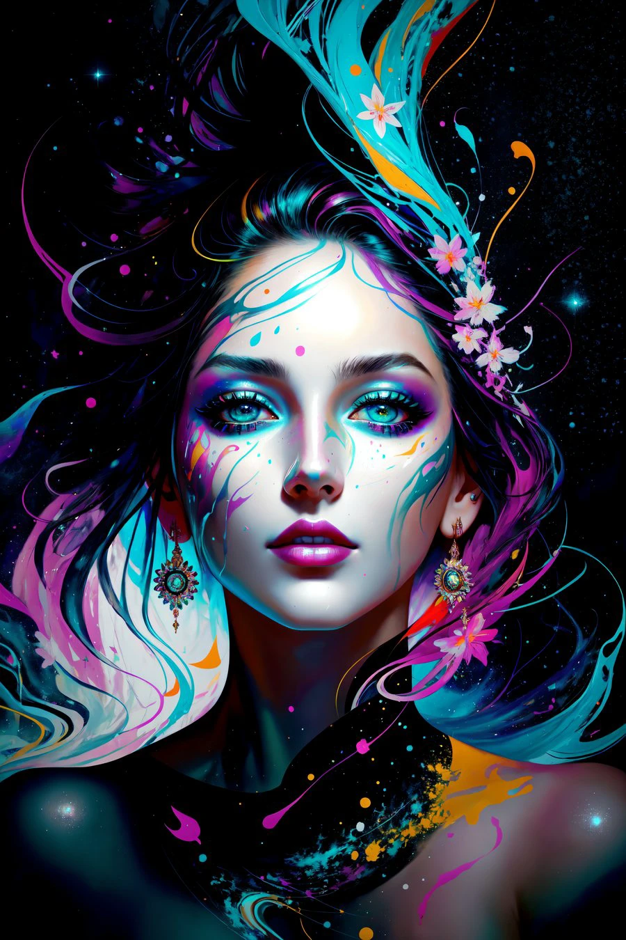 Style-Paint-1900, a beautiful ravishing naked woman completely covered in paint floating in a pool, beautiful lighting, upclose, large beautiful detailed eyes, nirvana, relaxed, chill, from above, full body, paint drops, paint swirls, paint splatter, high heels, (beautiful spiral paint swirls), by jeremy mann, by sandra chevrier, by dave mckean and richard avedon and maciej kuciara, high detailed, 8k, vivid contrasting colors, chromatic aberration, the stars touch the sky with background of aurora nebula paint stars by Style-NebMagic, vivid bright colors, a vibrant digital illustration, black background, behance hd, Masterpiece, best quality, (realistic:1.2), (high contrast:1.2),