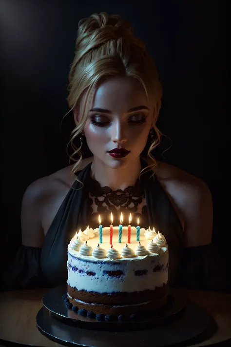 An award winning photo of a beautiful woman sitting at a table in the (dark:1.3), (symmetrical:1.1) candles on a (birthday cake:1.2), (deep shadow:1.3), hazel eyes, highly detailed decorative birthday cake, high blonde hair ponytail, happiness, by lee jeffries nikon d850 film stock photograph 4 kodak portra 400 camera f1.6 lens rich colors hyper realistic lifelike texture dramatic lighting unreal engine trending on artstation cinestill 800, (deep shadow:1.3), dark black, night, pursed lips, ((cake in front of face)), from below, 8k, absurdres,(high quality:1.3)