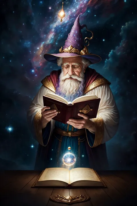 Style-NebMagic, an award winning masterpiece character concept art of solo, up close,a wizard holding up magic spellbook pulsing with celestial Style-Nebmagic, magic book, wrinkled skin, fantasy wizard hat, jovial, short old man, inside a ((magical library)) where the ceiling is made of stars, full body, close up, looking at viewer, mysterious ambiance, mystery, intrigue, laughter, dynamic lighting, beautiful lighting