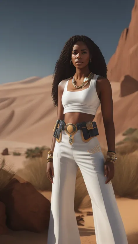 . . a woman in a white top and white pants with a belt around her waist and a desert background with rocks third-person view from below, lots of fine detail, sci-fi movie style, photography, natural textures, natural light, natural blur, photorealism, cinematic rendering, ray tracing, highest quality, highest detail, Cinematic, Blur Effect, Long Exposure, 8K, Ultra-HD, Natural Lighting, Moody Lighting, Cinematic Lighting, hyper-realistic, vibrant, 8k, detailed, ultra detail,