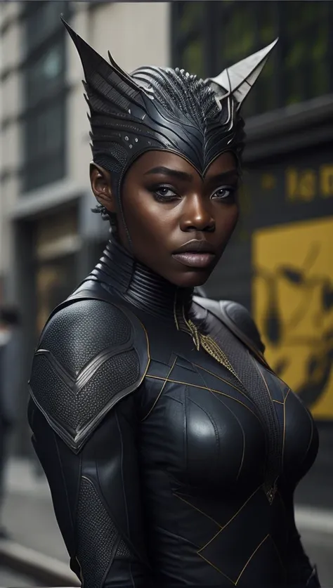 . portrait of young woman Marvels Black Panther Female in street, Jean - Baptiste Monge, anthropomorphic cinematic shot + dynamic composition, incredibly detailed, sharpen, details + intricate detail + professional lighting, film lighting + 35mm + anamorphic + lightroom + cinematography + bokeh + lens flare + film grain + HDR10 + 8K + Marcin Nagraba + Rebecca Millen,