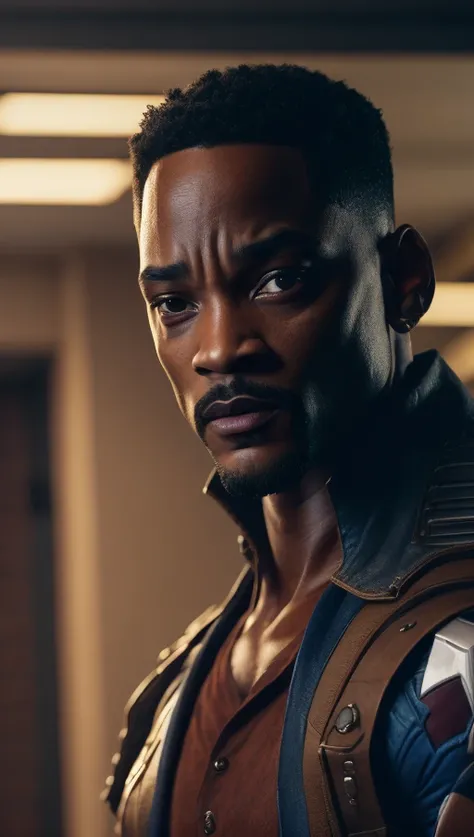 . .Tarantino style Will Smith as Captain America 8k, high definition, detailed face, detailed face, detailed eyes, detailed suit, in style of marvel and dc, hyper-realistic, + cinematic shot + dynamic composition, incredibly detailed, sharpen, details + superb details + evening with light + perfectionism + award winning realism ((moody lighting))
