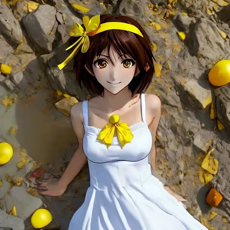 in the style of sks moesharp, anime, masterpiece, best quality, (((Haruhi Suzumiya))) wearing a yellow headband with a yellow ribbon on both side and a white sundress, [[angry]] smile, looking at viewer, official art, dark brown hair, beautiful symmetric face, perfect face, sexy face, beautiful golden eyes, bob cut, messy hair, at a beach on a summer day, alone, solo, 8k, 3d, cg