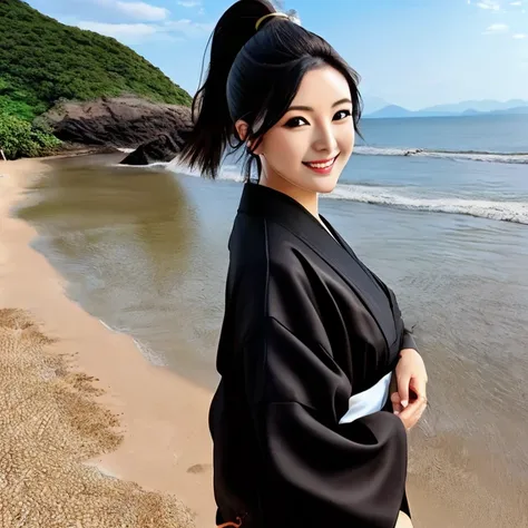 zkz atashi, waifu, realistic, masterpiece, best quality, Chinese Taiwanese (((zkz atashi))) wearing a black yukata, smile, looking at viewer, official art, black hair, (beautiful symmetric face, perfect face, pretty face, kawaii face, sexy face), beautiful brown eyes, ponytail, at a beach on a summer day, alone, solo, 8k