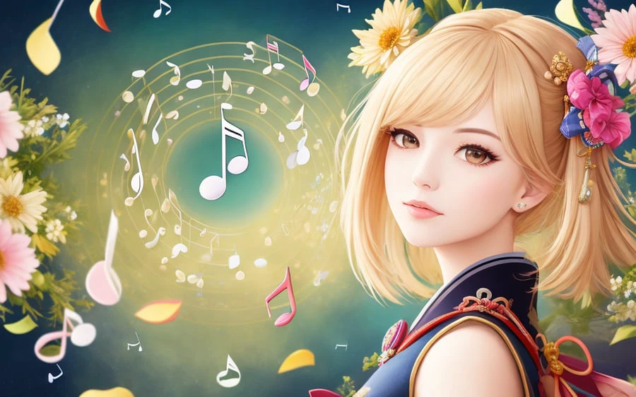 masterpiece, best quality, portrait of pretty girl, perfect face, floating hair, hyperdetailed intricate, good anatomy, floating petal, (floating music note:1.3), cloud, (genshin impact:1.3), flowers