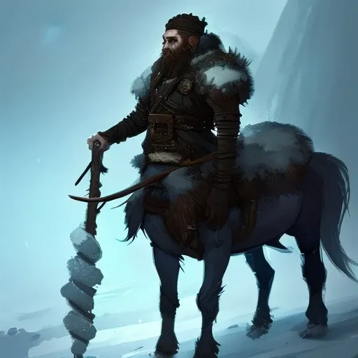 long shot of Centaur_Person Fantasy Frostpunk, Townsfolk, Snowy, concept art, brush stroke style, artstation, trending, highly detailed greg rutkowski