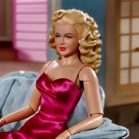 an (female action figure:1.2) of a 40 year old woman with curly blonde hair, , wearing a satin dress and red lipstick, in a miniature model of a home, in the 1950s