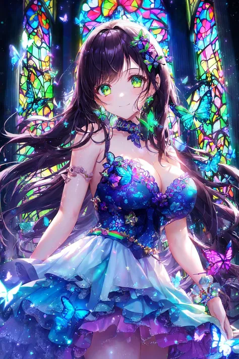 1girl, masterpiece, extremly detailed, ((Cinematic lighting)), (glowing), ((dramatic lighting)), ((beautiful detailed glow)), intricate detail, lens flare, multicolored hair, rainbow hair, long hair, multicolored dress, butterfly hair ornament, butterflies, light particles, Arms behind back, large breasts, [curvy], cowboy shot, light smile, green eyes, church, stained glass, spotlight, dark background, floating hair, floating hair, looking at viewer,((colorful)), frills