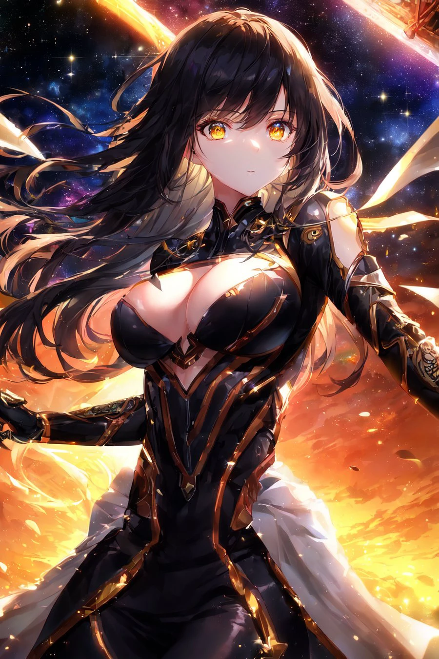 1girl, masterpiece, extremly detailed, ((Cinematic lighting)), (glowing), ((dramatic lighting)), ((beautiful detailed glow)), intricate detail, lens flare, yellow eyes, mechanical suit, black dress, large breasts, glowing clothes, floating hair, cowboy shot, looking at viewer, expressionless, reaching one arm, medium hair, black hair, universe, space, nebula, sunrise, wide shot