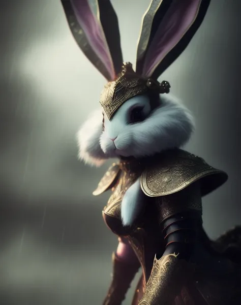 bunny, high ornamented light armor, fluffy fur, foggy, wet, stormy, 70mm, cinematic, highly detailed